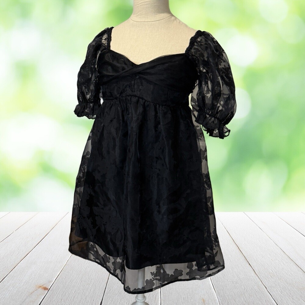 Babydoll Mini Dress Black Gothic Lolita Puff Sleeve Whimsigoth Smocked Juniors L